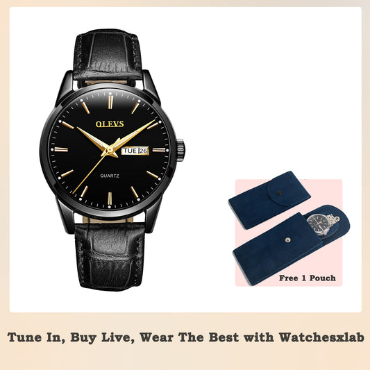 Olevs Classic Aati Leather Watch & Accessories Set