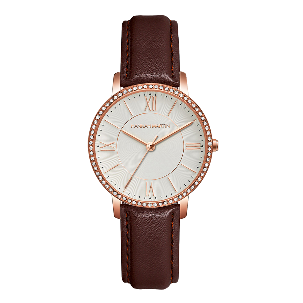 Hannah Martin Crystal Roman Marker Rose Gold with Brown Strap