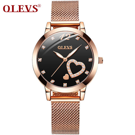 Olevs Lovely Crystal Women Stainless Quartz Watch - Black