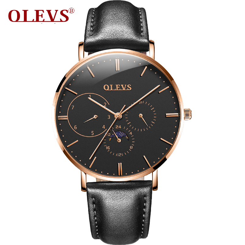 Olevs Astronaut Leather Quartz Watch - Black